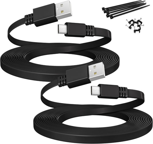 Micro USB Power Cable 30 FT (2 Pack),Flat Micro USB Charging Power Cord,Charger for Wyze Cam V3 Pan,Yi Cam,Nest Cam,Blink Mini XT XT2 Outdoor 3Rd Gen Camera,Arlo Q,Zmodo,Xbox One Controller,25